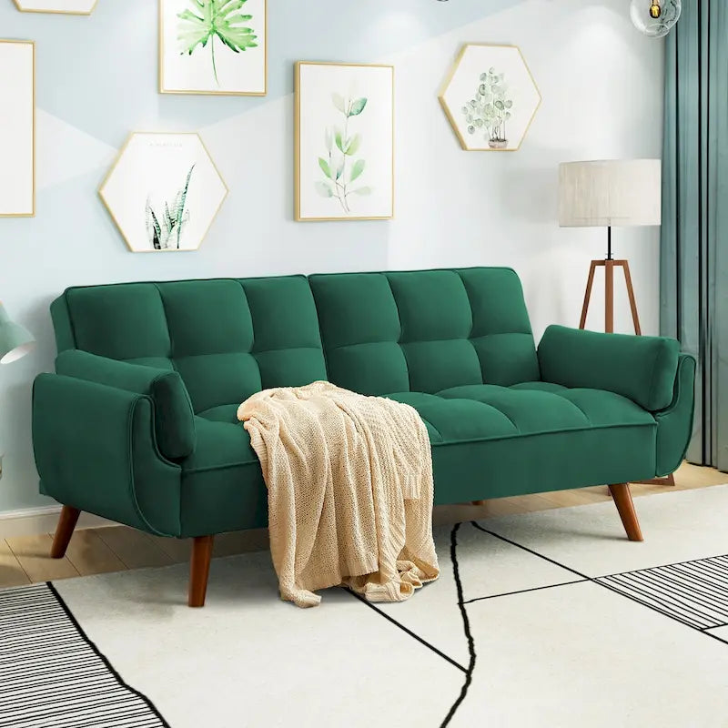 Canapé-lit futon convertible – Vert / Gris / Gris foncé / Beige, dossier inclinable, 2 places