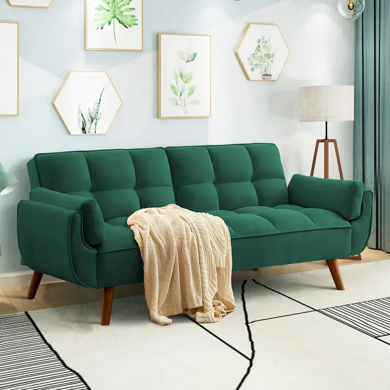 Canapé-lit futon convertible – Vert / Gris / Gris foncé / Beige, dossier inclinable, 2 places