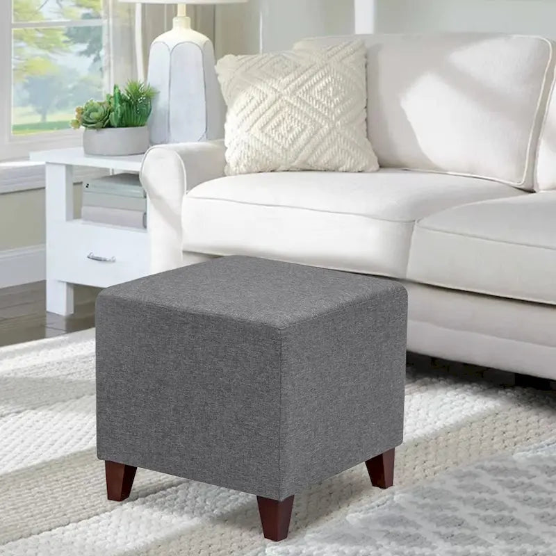 Pouffe cube ottoman avec revêtement en tissu et mousse haute résilience – Orange / Bleu / Gris foncé / Vert sauge / Bleu foncé / Beige / Vache noire / Multi-fleuri / Vache brune / Fleuri / Beige avec pieds noirs, style moderne, simple