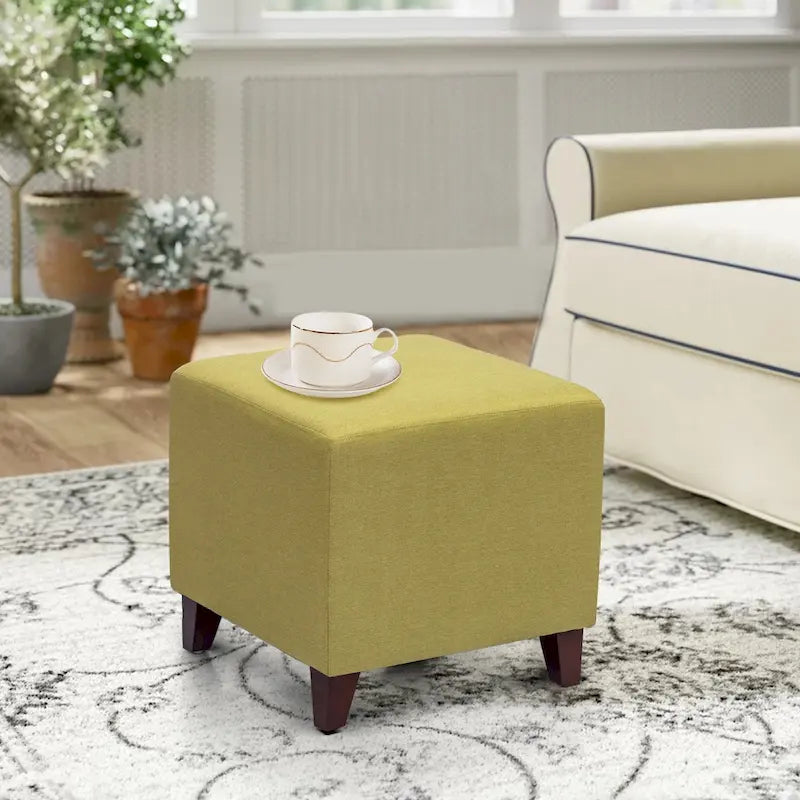 Pouffe cube ottoman avec revêtement en tissu et mousse haute résilience – Orange / Bleu / Gris foncé / Vert sauge / Bleu foncé / Beige / Vache noire / Multi-fleuri / Vache brune / Fleuri / Beige avec pieds noirs, style moderne, simple