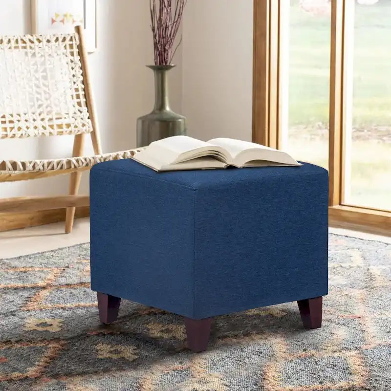 Pouffe cube ottoman avec revêtement en tissu et mousse haute résilience – Orange / Bleu / Gris foncé / Vert sauge / Bleu foncé / Beige / Vache noire / Multi-fleuri / Vache brune / Fleuri / Beige avec pieds noirs, style moderne, simple