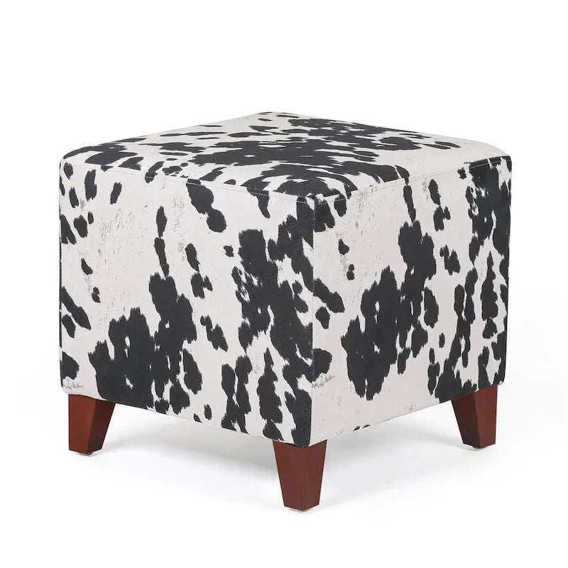 Pouffe cube ottoman avec revêtement en tissu et mousse haute résilience – Orange / Bleu / Gris foncé / Vert sauge / Bleu foncé / Beige / Vache noire / Multi-fleuri / Vache brune / Fleuri / Beige avec pieds noirs, style moderne, simple