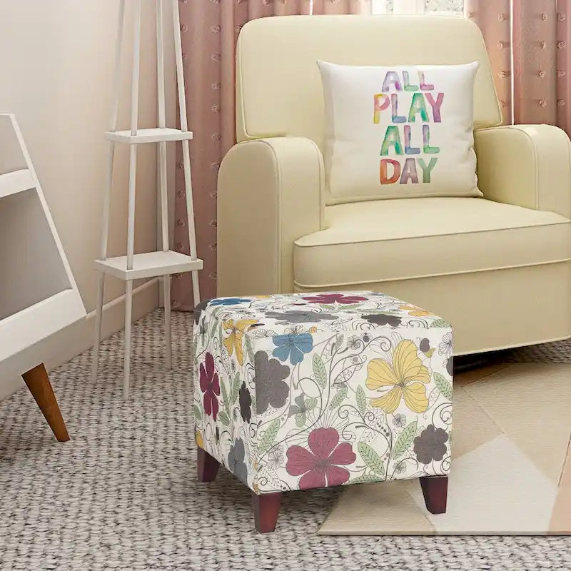 Pouffe cube ottoman avec revêtement en tissu et mousse haute résilience – Orange / Bleu / Gris foncé / Vert sauge / Bleu foncé / Beige / Vache noire / Multi-fleuri / Vache brune / Fleuri / Beige avec pieds noirs, style moderne, simple