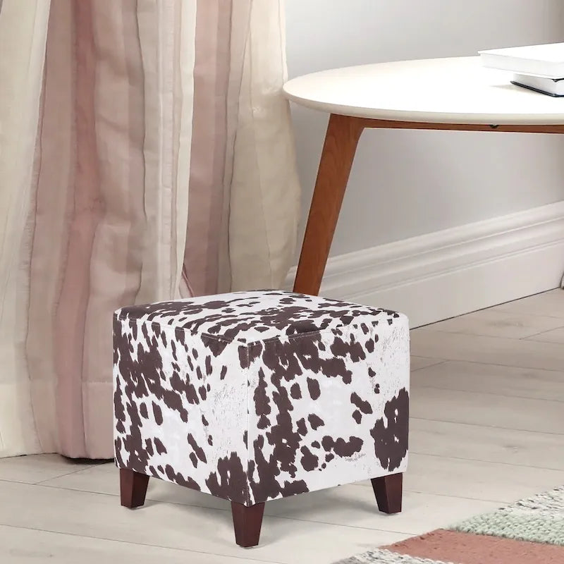 Pouffe cube ottoman avec revêtement en tissu et mousse haute résilience – Orange / Bleu / Gris foncé / Vert sauge / Bleu foncé / Beige / Vache noire / Multi-fleuri / Vache brune / Fleuri / Beige avec pieds noirs, style moderne, simple
