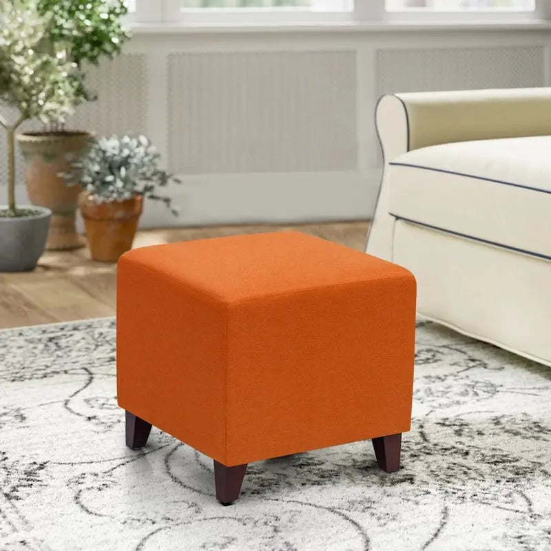 Pouffe cube ottoman avec revêtement en tissu et mousse haute résilience – Orange / Bleu / Gris foncé / Vert sauge / Bleu foncé / Beige / Vache noire / Multi-fleuri / Vache brune / Fleuri / Beige avec pieds noirs, style moderne, simple