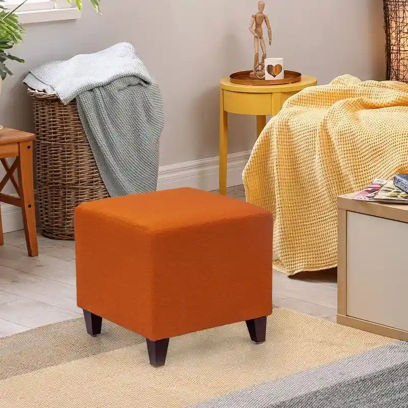 Pouffe cube ottoman avec revêtement en tissu et mousse haute résilience – Orange / Bleu / Gris foncé / Vert sauge / Bleu foncé / Beige / Vache noire / Multi-fleuri / Vache brune / Fleuri / Beige avec pieds noirs, style moderne, simple