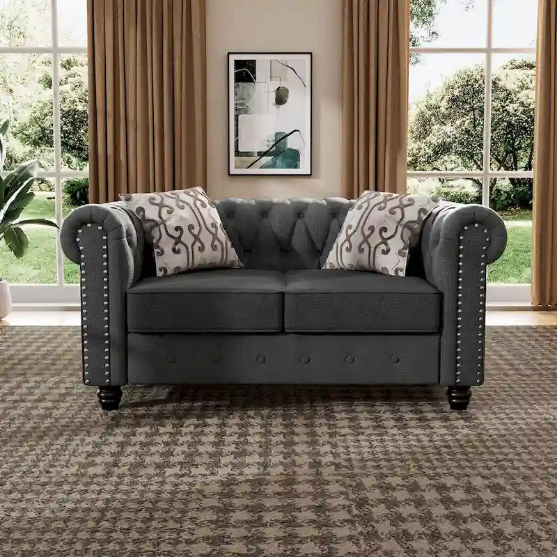 Morden Fort Linen Chesterfield Loveseat with Button Tufted, Nailhead and Solid Wood Legs for Living Room