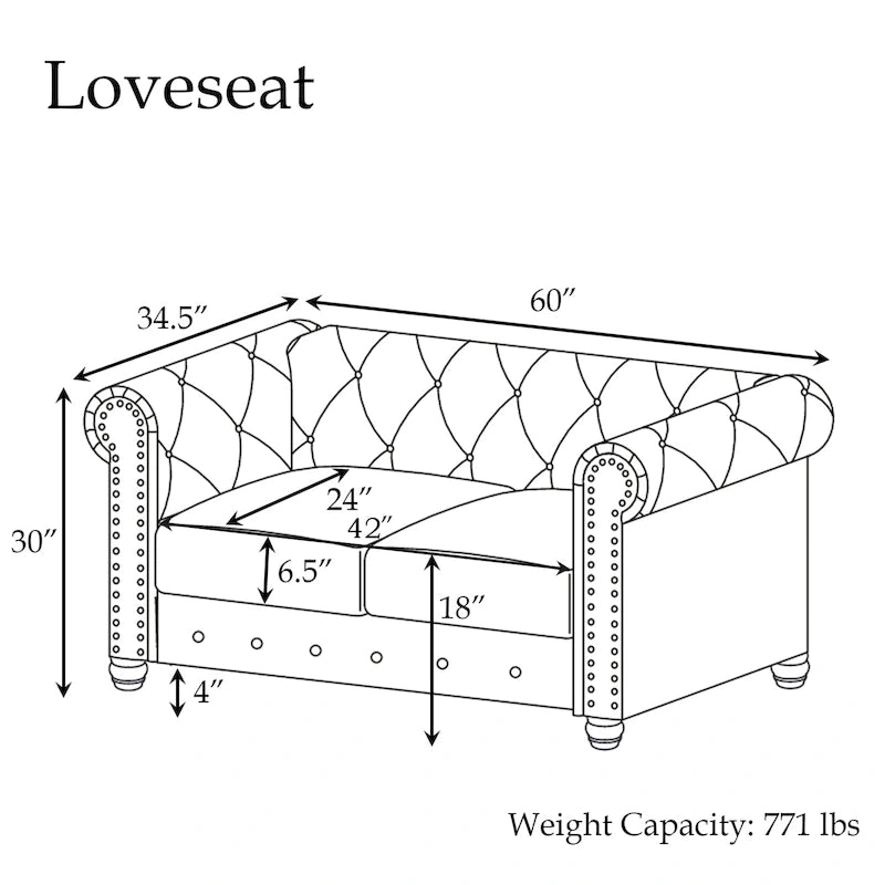 Causeuse Chesterfield en lin avec capitonnage, clous décoratifs en laiton et pieds en bois massif – Beige / Gris, style classique, 2 places