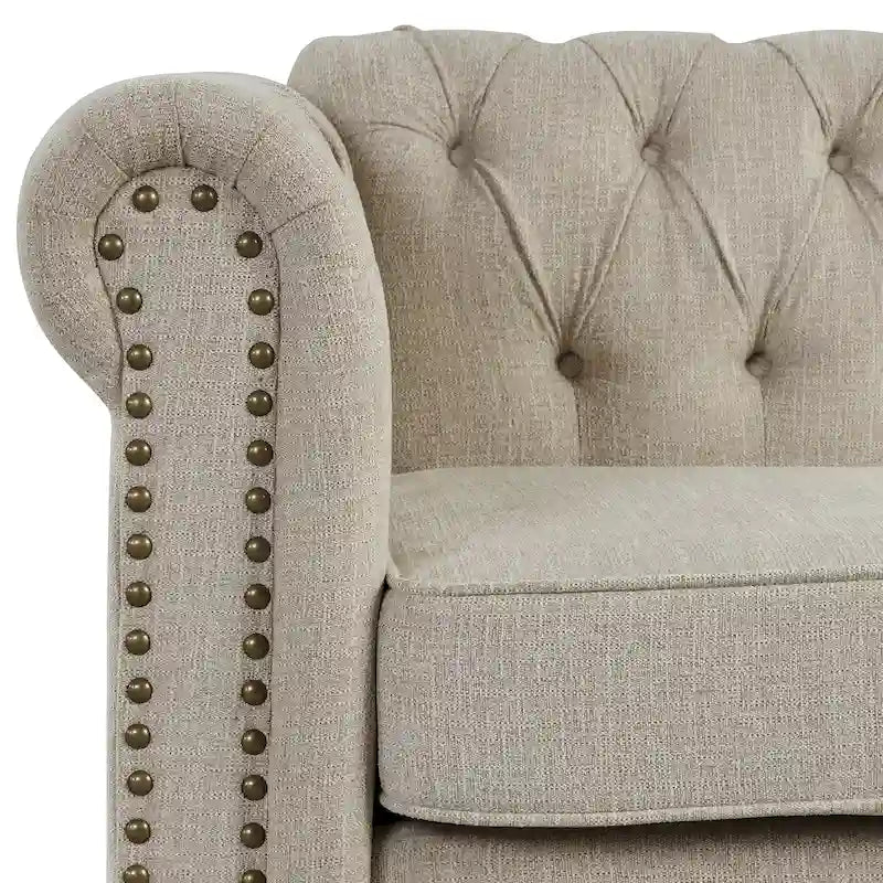 Causeuse Chesterfield en lin avec capitonnage, clous décoratifs en laiton et pieds en bois massif – Beige / Gris, style classique, 2 places