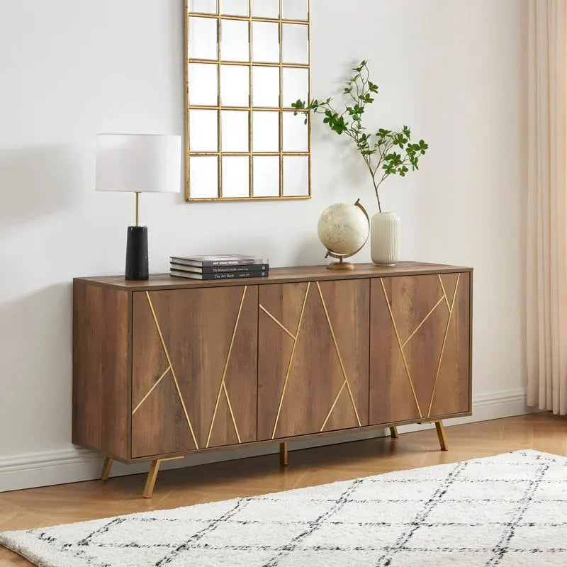 Buffet de 160 cm avec portes géométriques en bois – Noyer foncé / Noir / Chêne rustique / Blanc, Style moderne, Simple