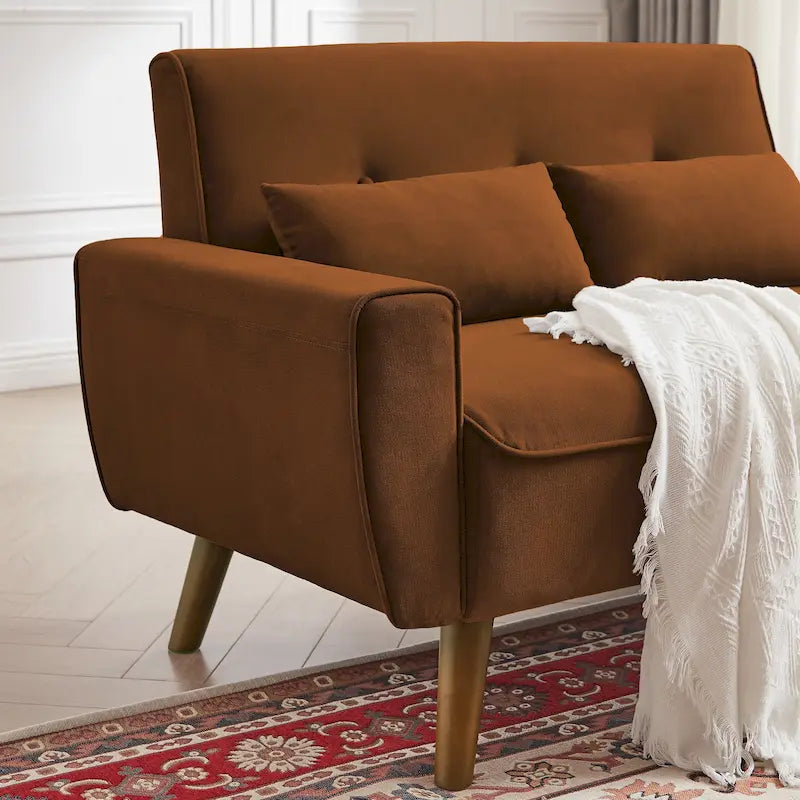 Causeuse capitonnée en lin avec pieds coniques en bois et 2 oreillers – Marron / Gris clair / Gris foncé / Beige / Vert, style moderne, 2 places