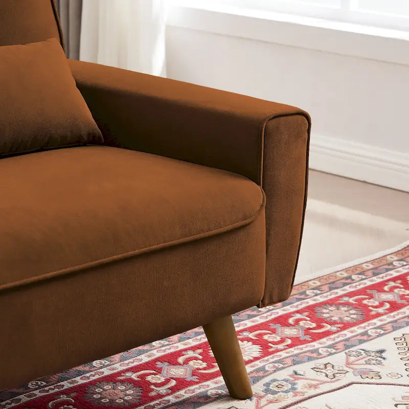 Causeuse capitonnée en lin avec pieds coniques en bois et 2 oreillers – Marron / Gris clair / Gris foncé / Beige / Vert, style moderne, 2 places