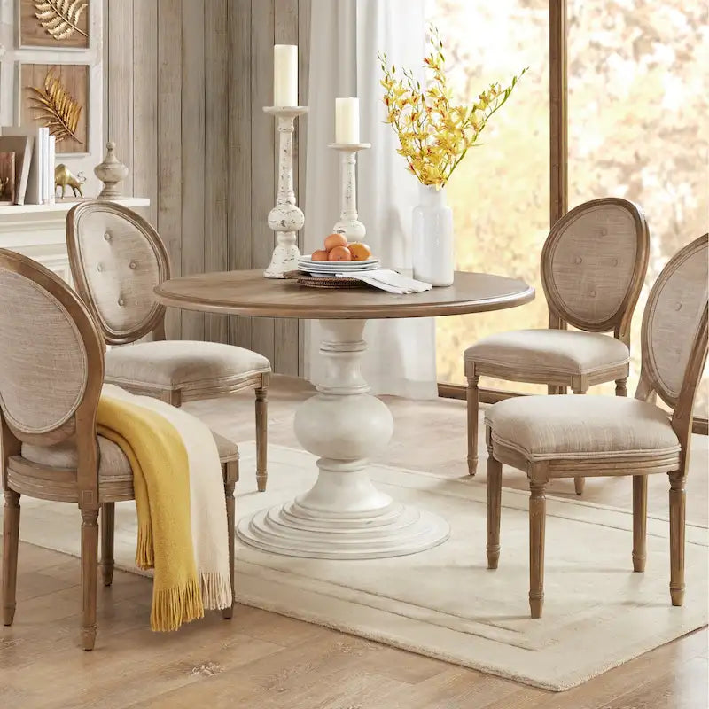 Table à manger piédestal ronde 46" – Noyer récupéré / Noyer récupéré & Crème antique, Style rustique, 4 personnes