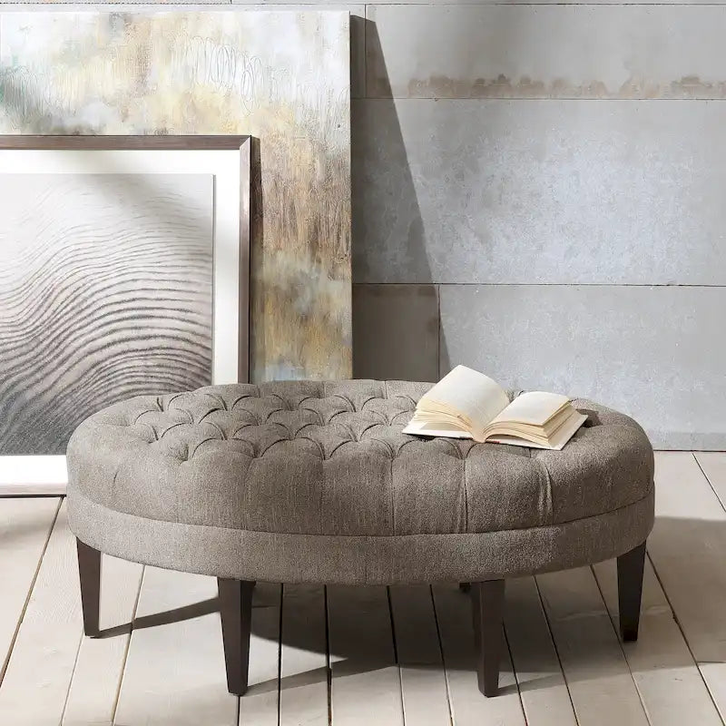 Ottoman Ovale Capitonné avec Pieds en Bois Massif – Marron Multicolore / Beige / Bleu Poudré, Style Moderne, Simple