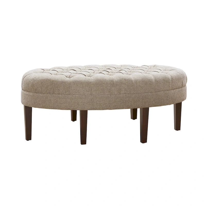 Ottoman Ovale Capitonné avec Pieds en Bois Massif – Marron Multicolore / Beige / Bleu Poudré, Style Moderne, Simple