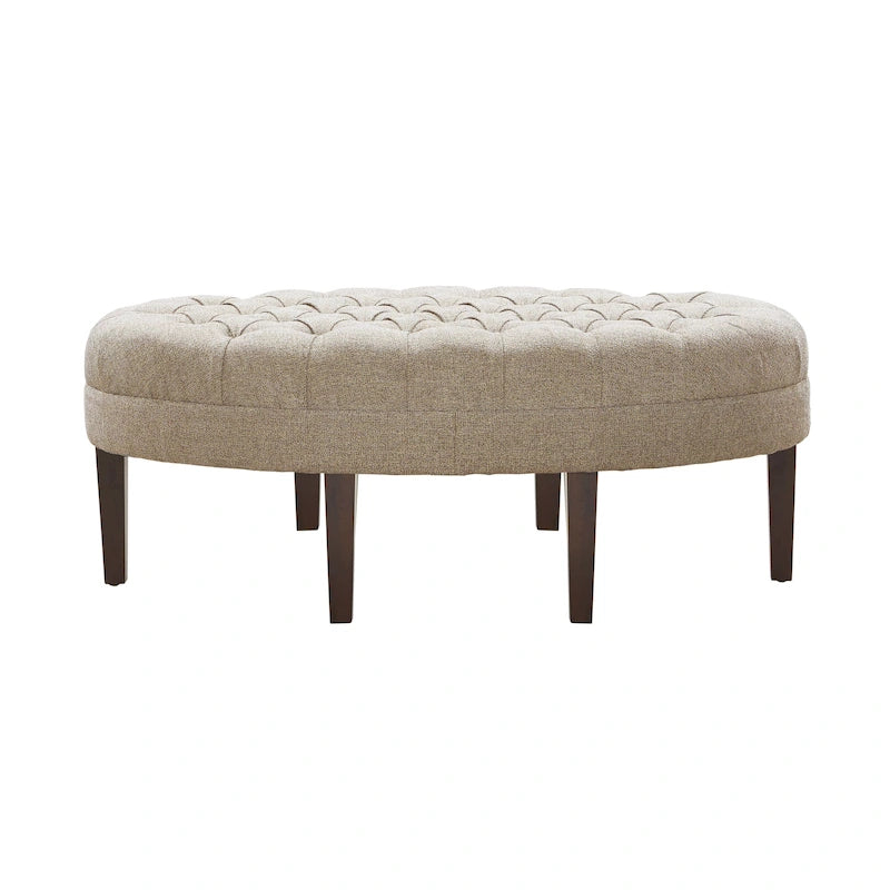 Ottoman Ovale Capitonné avec Pieds en Bois Massif – Marron Multicolore / Beige / Bleu Poudré, Style Moderne, Simple