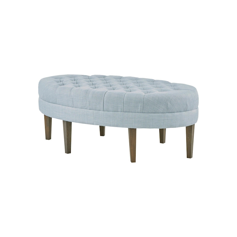 Ottoman Ovale Capitonné avec Pieds en Bois Massif – Marron Multicolore / Beige / Bleu Poudré, Style Moderne, Simple