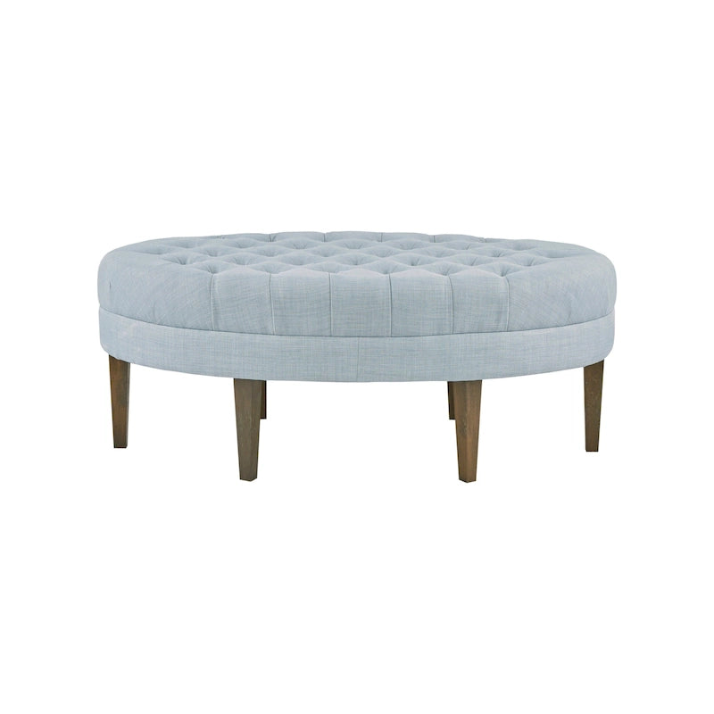 Ottoman Ovale Capitonné avec Pieds en Bois Massif – Marron Multicolore / Beige / Bleu Poudré, Style Moderne, Simple