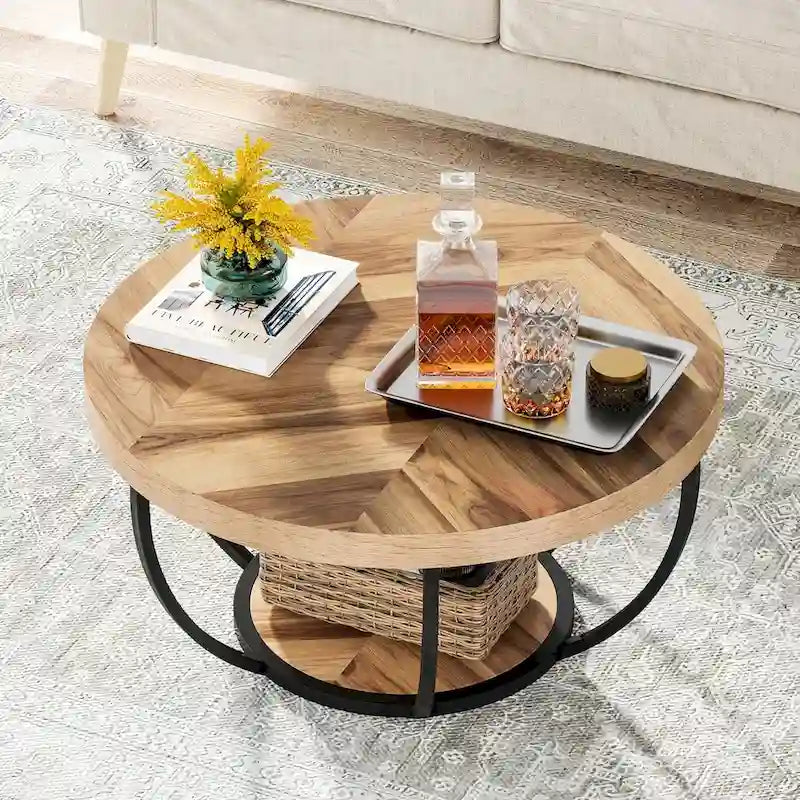 Table basse ronde à 2 niveaux avec pieds en métal et étagère de rangement ouverte – Chêne/Noir / Blanc/Or / Marron/Noir / Gris foncé/Noir, style industriel, unique