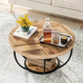 Table basse ronde à 2 niveaux avec pieds en métal et étagère de rangement ouverte – Chêne/Noir / Blanc/Or / Marron/Noir / Gris foncé/Noir, style industriel, unique