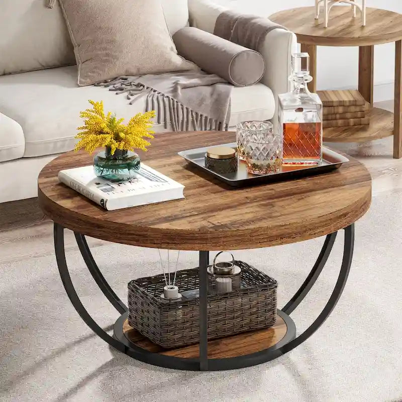 Table basse ronde à 2 niveaux avec pieds en métal et étagère de rangement ouverte – Chêne/Noir / Blanc/Or / Marron/Noir / Gris foncé/Noir, style industriel, unique