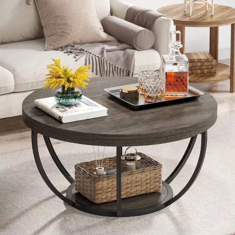 Table basse ronde à 2 niveaux avec pieds en métal et étagère de rangement ouverte – Chêne/Noir / Blanc/Or / Marron/Noir / Gris foncé/Noir, style industriel, unique