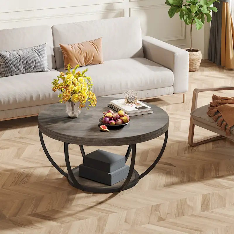 Table basse ronde à 2 niveaux avec pieds en métal et étagère de rangement ouverte – Chêne/Noir / Blanc/Or / Marron/Noir / Gris foncé/Noir, style industriel, unique