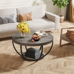 Table basse ronde à 2 niveaux avec pieds en métal et étagère de rangement ouverte – Chêne/Noir / Blanc/Or / Marron/Noir / Gris foncé/Noir, style industriel, unique
