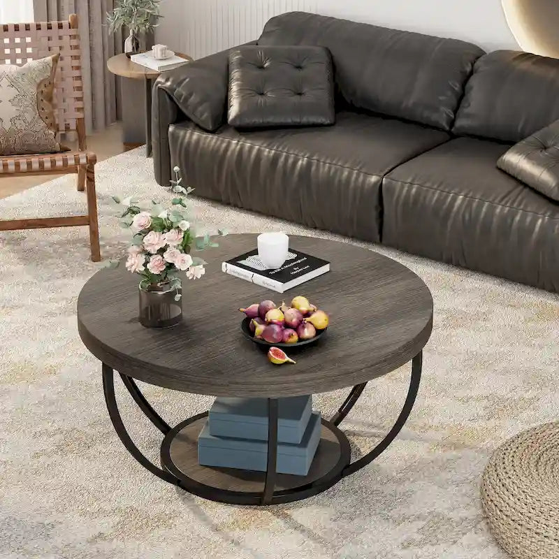 Table basse ronde à 2 niveaux avec pieds en métal et étagère de rangement ouverte – Chêne/Noir / Blanc/Or / Marron/Noir / Gris foncé/Noir, style industriel, unique