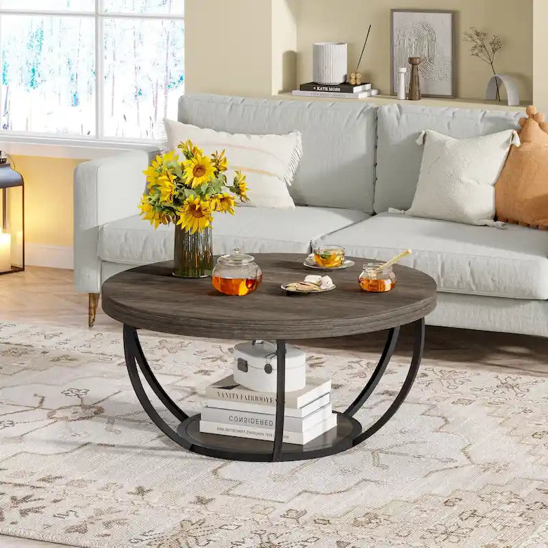 Table basse ronde à 2 niveaux avec pieds en métal et étagère de rangement ouverte – Chêne/Noir / Blanc/Or / Marron/Noir / Gris foncé/Noir, style industriel, unique