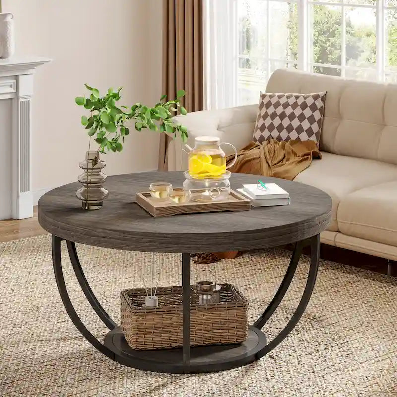 Table basse ronde à 2 niveaux avec pieds en métal et étagère de rangement ouverte – Chêne/Noir / Blanc/Or / Marron/Noir / Gris foncé/Noir, style industriel, unique