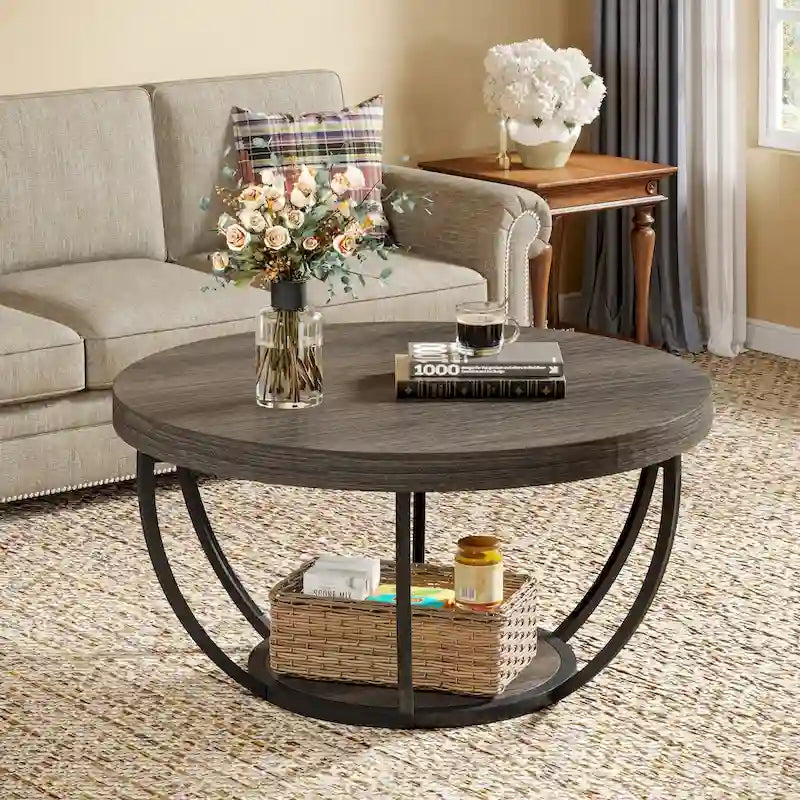 Table basse ronde à 2 niveaux avec pieds en métal et étagère de rangement ouverte – Chêne/Noir / Blanc/Or / Marron/Noir / Gris foncé/Noir, style industriel, unique