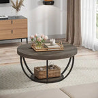 Table basse ronde à 2 niveaux avec pieds en métal et étagère de rangement ouverte – Chêne/Noir / Blanc/Or / Marron/Noir / Gris foncé/Noir, style industriel, unique