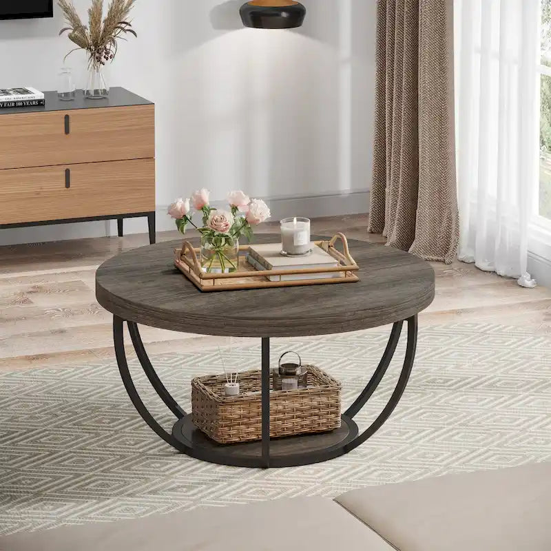 Table basse ronde à 2 niveaux avec pieds en métal et étagère de rangement ouverte – Chêne/Noir / Blanc/Or / Marron/Noir / Gris foncé/Noir, style industriel, unique