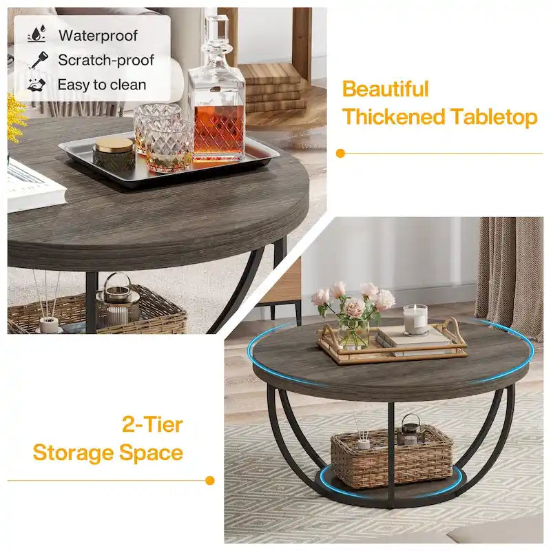 Table basse ronde à 2 niveaux avec pieds en métal et étagère de rangement ouverte – Chêne/Noir / Blanc/Or / Marron/Noir / Gris foncé/Noir, style industriel, unique