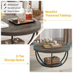 Table basse ronde à 2 niveaux avec pieds en métal et étagère de rangement ouverte – Chêne/Noir / Blanc/Or / Marron/Noir / Gris foncé/Noir, style industriel, unique