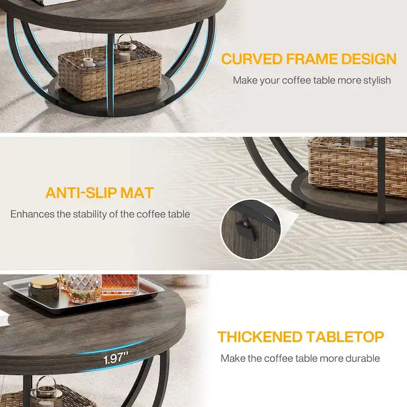 Table basse ronde à 2 niveaux avec pieds en métal et étagère de rangement ouverte – Chêne/Noir / Blanc/Or / Marron/Noir / Gris foncé/Noir, style industriel, unique