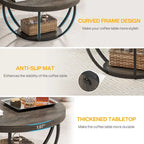 Table basse ronde à 2 niveaux avec pieds en métal et étagère de rangement ouverte – Chêne/Noir / Blanc/Or / Marron/Noir / Gris foncé/Noir, style industriel, unique