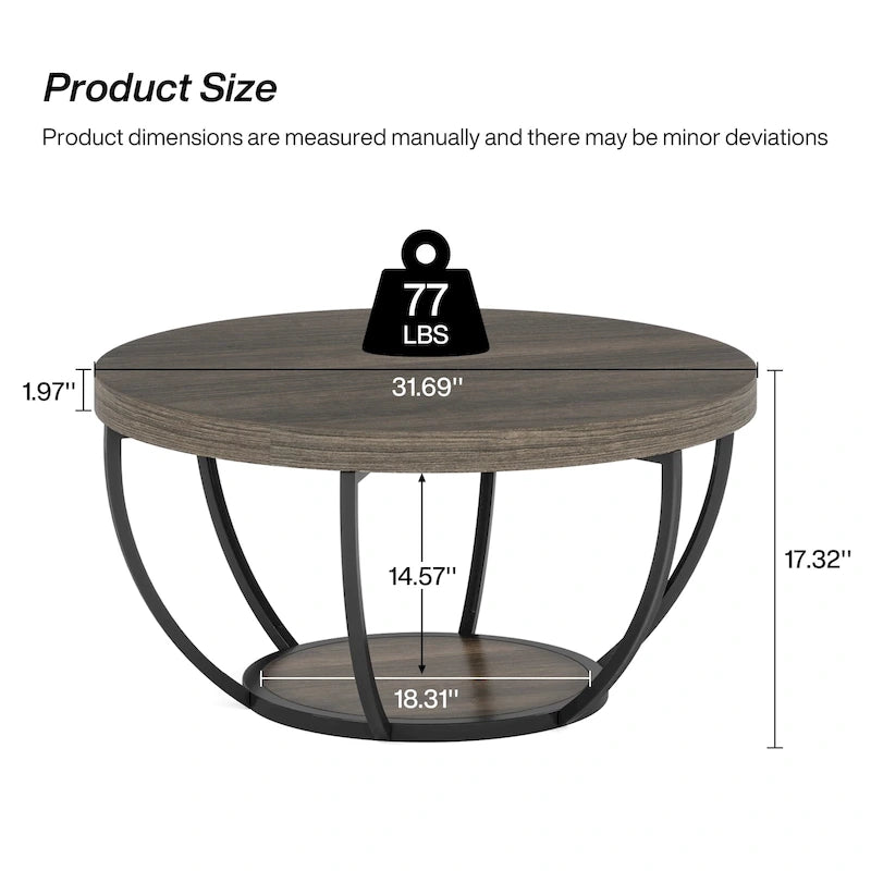 Table basse ronde à 2 niveaux avec pieds en métal et étagère de rangement ouverte – Chêne/Noir / Blanc/Or / Marron/Noir / Gris foncé/Noir, style industriel, unique