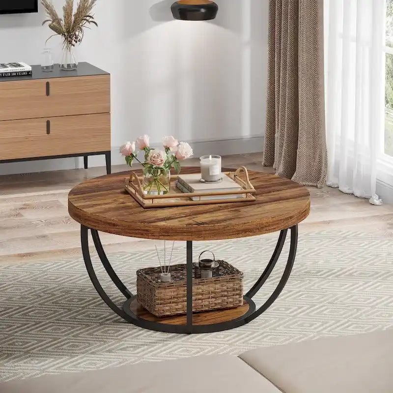 Table basse ronde à 2 niveaux avec pieds en métal et étagère de rangement ouverte – Chêne/Noir / Blanc/Or / Marron/Noir / Gris foncé/Noir, style industriel, unique
