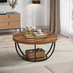 Table basse ronde à 2 niveaux avec pieds en métal et étagère de rangement ouverte – Chêne/Noir / Blanc/Or / Marron/Noir / Gris foncé/Noir, style industriel, unique