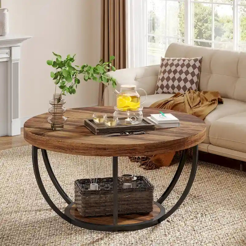 Table basse ronde à 2 niveaux avec pieds en métal et étagère de rangement ouverte – Chêne/Noir / Blanc/Or / Marron/Noir / Gris foncé/Noir, style industriel, unique