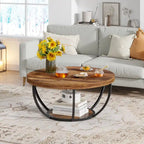 Table basse ronde à 2 niveaux avec pieds en métal et étagère de rangement ouverte – Chêne/Noir / Blanc/Or / Marron/Noir / Gris foncé/Noir, style industriel, unique