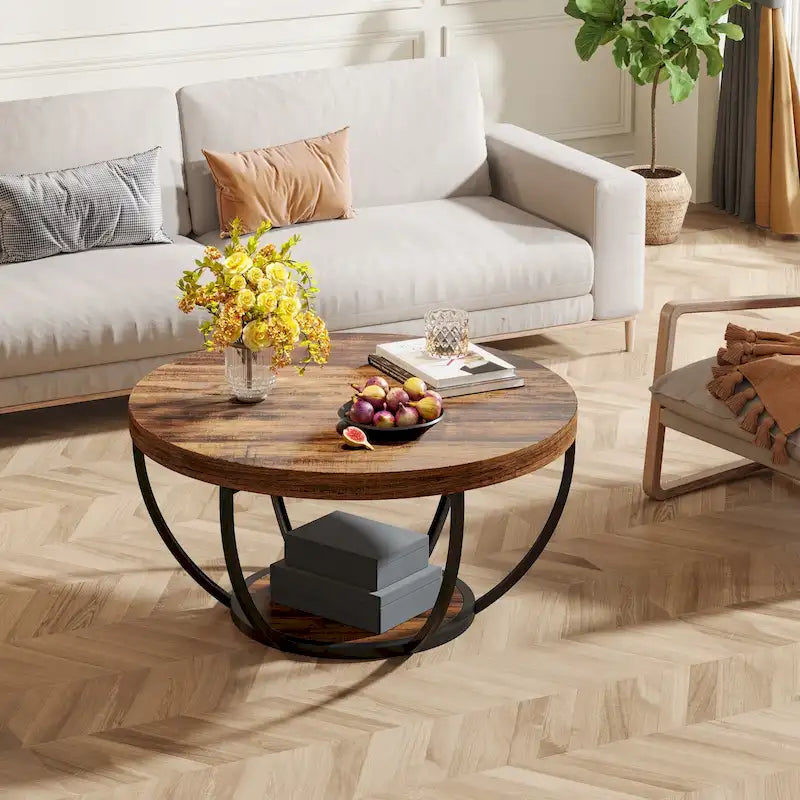 Table basse ronde à 2 niveaux avec pieds en métal et étagère de rangement ouverte – Chêne/Noir / Blanc/Or / Marron/Noir / Gris foncé/Noir, style industriel, unique