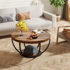 Table basse ronde à 2 niveaux avec pieds en métal et étagère de rangement ouverte – Chêne/Noir / Blanc/Or / Marron/Noir / Gris foncé/Noir, style industriel, unique