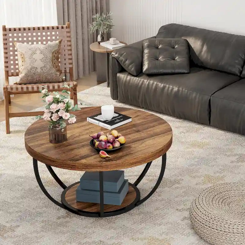 Table basse ronde à 2 niveaux avec pieds en métal et étagère de rangement ouverte – Chêne/Noir / Blanc/Or / Marron/Noir / Gris foncé/Noir, style industriel, unique