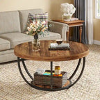 Table basse ronde à 2 niveaux avec pieds en métal et étagère de rangement ouverte – Chêne/Noir / Blanc/Or / Marron/Noir / Gris foncé/Noir, style industriel, unique