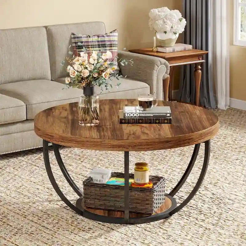 Table basse ronde à 2 niveaux avec pieds en métal et étagère de rangement ouverte – Chêne/Noir / Blanc/Or / Marron/Noir / Gris foncé/Noir, style industriel, unique