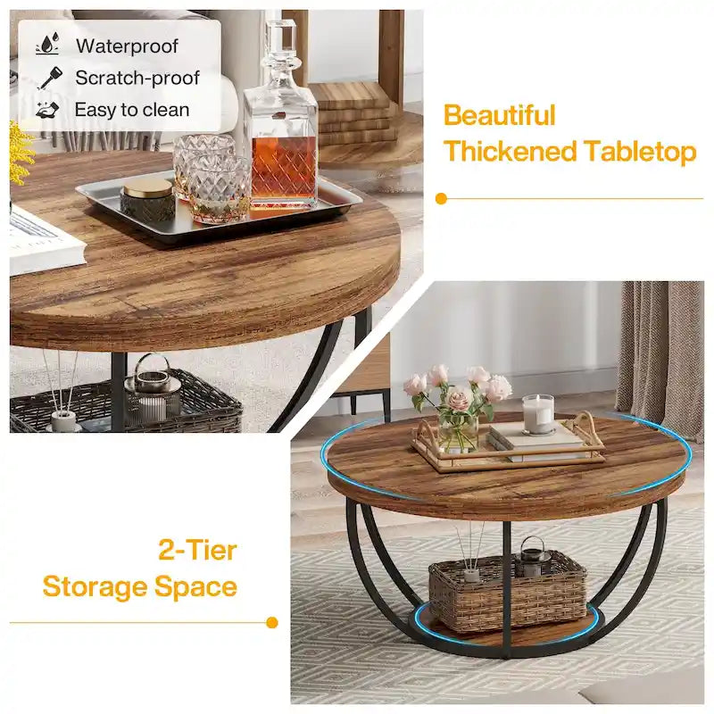 Table basse ronde à 2 niveaux avec pieds en métal et étagère de rangement ouverte – Chêne/Noir / Blanc/Or / Marron/Noir / Gris foncé/Noir, style industriel, unique