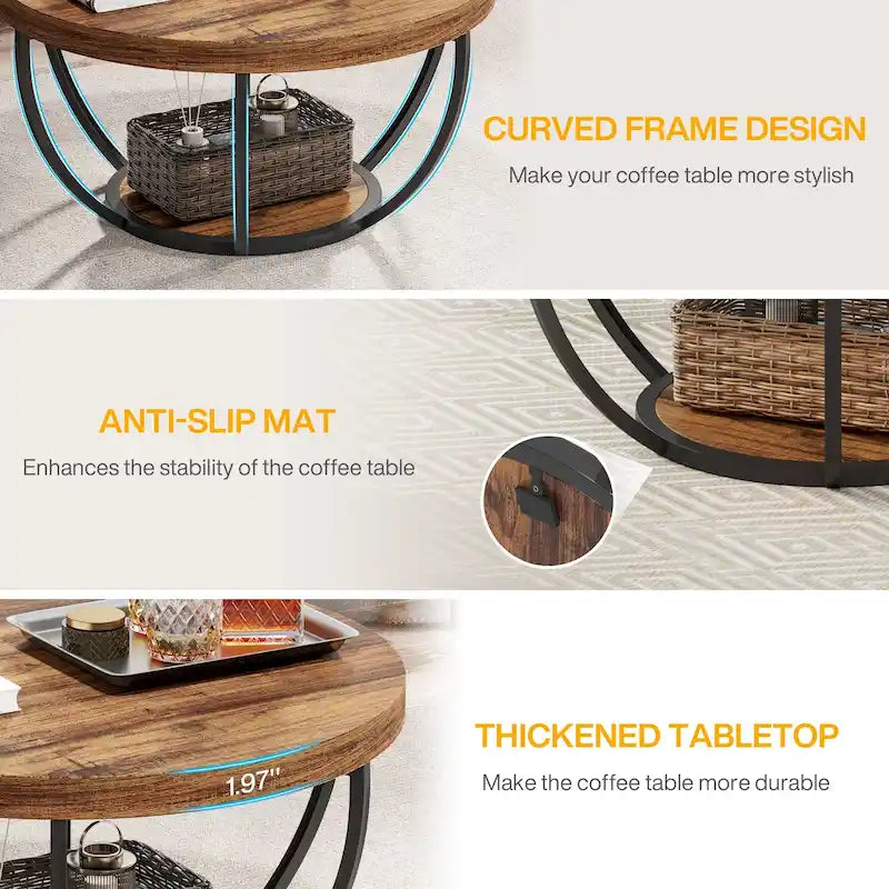 Table basse ronde à 2 niveaux avec pieds en métal et étagère de rangement ouverte – Chêne/Noir / Blanc/Or / Marron/Noir / Gris foncé/Noir, style industriel, unique